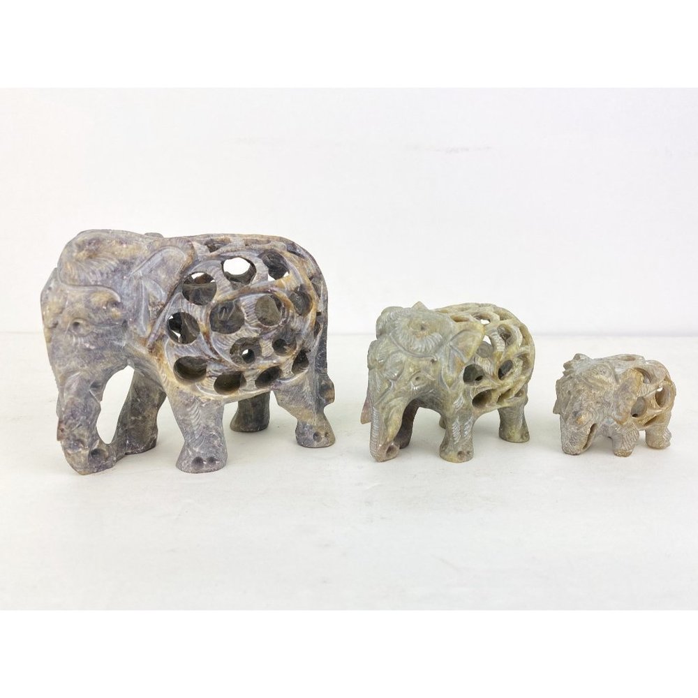 Indian Set of 3 Hand Carved Soapstone Elephant Undercut Double Layered Home Deco